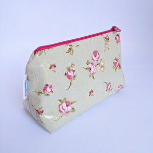 Side View of Small, Sage Rosebud Oilcloth Pouch/ Bag, Wash Bag, Cosmetics Bag, Toiletry Bag