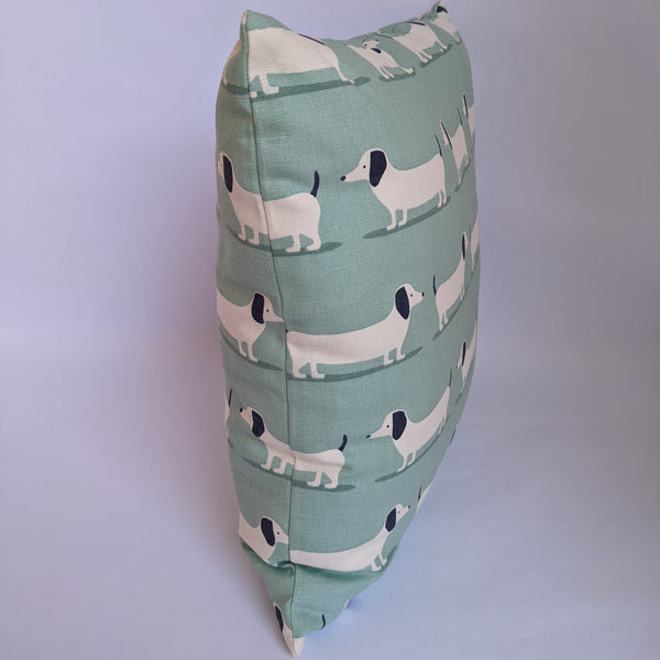 Duck Egg Dachshund Patterned 18" Cushion -Side View