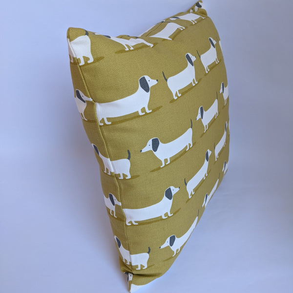 Side view of Olive Green Dachshund Patterned 18" Cushion with Insert 