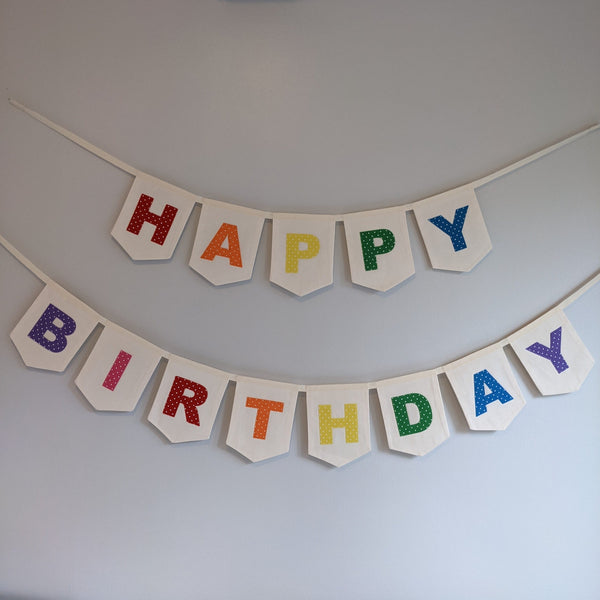 Bright Rainbow Coloured 'Happy Birthday' Fabric Bunting on two strings