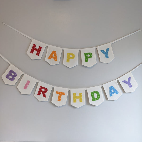 Pastel Rainbow Coloured 'Happy Birthday' Fabric Bunting on two strings