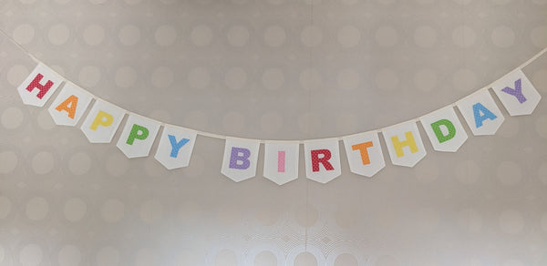 Pastel Rainbow Coloured 'Happy Birthday' Fabric Bunting on one strings