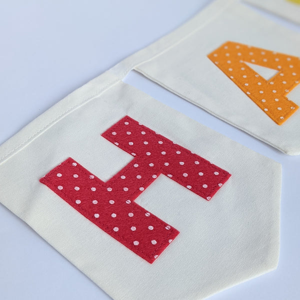 Close up of Felt Letter 'H' on Bright Rainbow Coloured  'Happy Birthday' Fabric Bunting