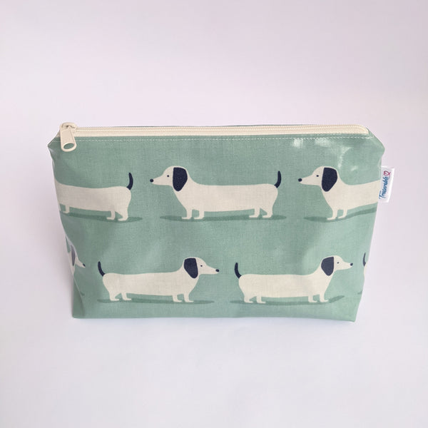 Medium Duck Egg Dachshund Oilcloth Cosmetic Bag, Wash Bag, Oilcloth Pouch.