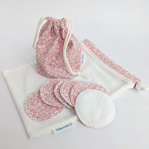 Pink Floral Reusable Bamboo Face Pads, Storage & Laundry Bag Set