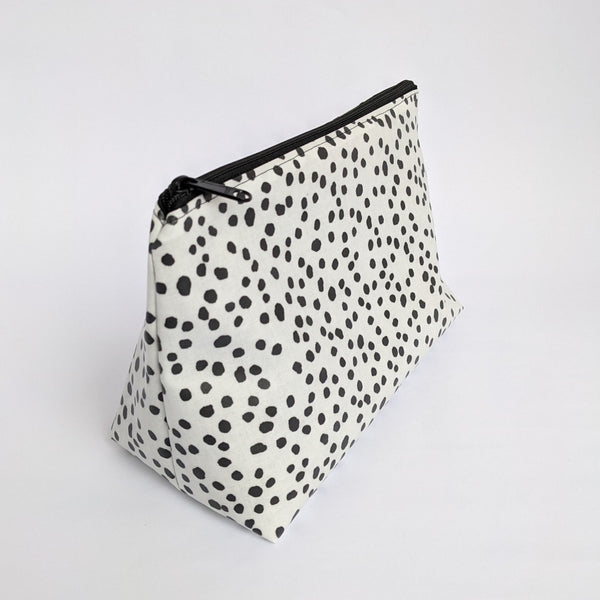 Large, Dottie Monochrome Design, Lightweight Oilcloth Pouch, Wipeable with Black Lining