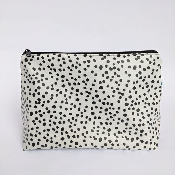 Large, Dottie Monochrome Design, Lightweight Oilcloth Pouch, Wipeable with Black Lining