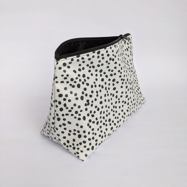 Unzipped, Large, Dottie Monochrome Design, Lightweight Oilcloth Pouch, Wipeable with Black Lining