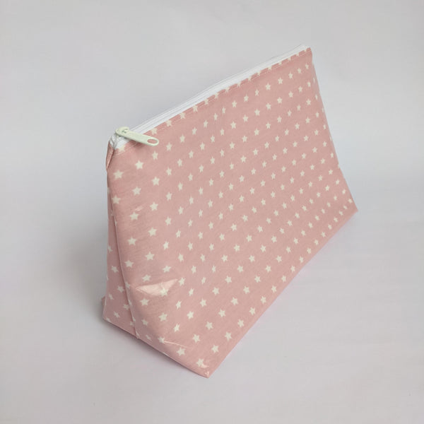 Large, Lightweight Pouch in Twinkle Pink Design, Wipeable with White Lining