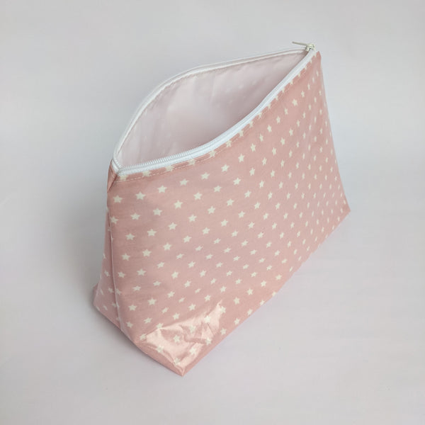 Unzipped, Large, Lightweight Pouch in Twinkle Pink Design, Wipeable with White Lining