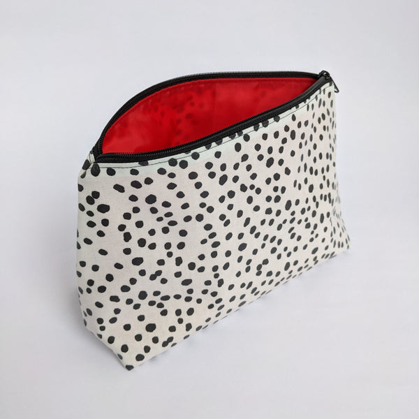 Unzipped, Medium, Dottie Monochrome Design, Lightweight Oilcloth Pouch, Wipeable with Red Lining