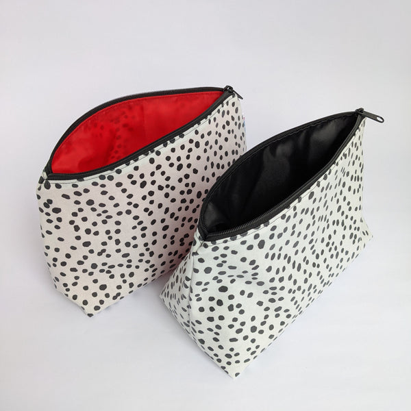 Two Unzipped, Medium, Dottie Monochrome Design, Lightweight Oilcloth Pouch, Wipeable with Red & Black  Lining