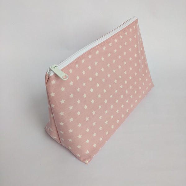 Small, Lightweight Pouch in Twinkle Pink Design, Wipeable with White Lining