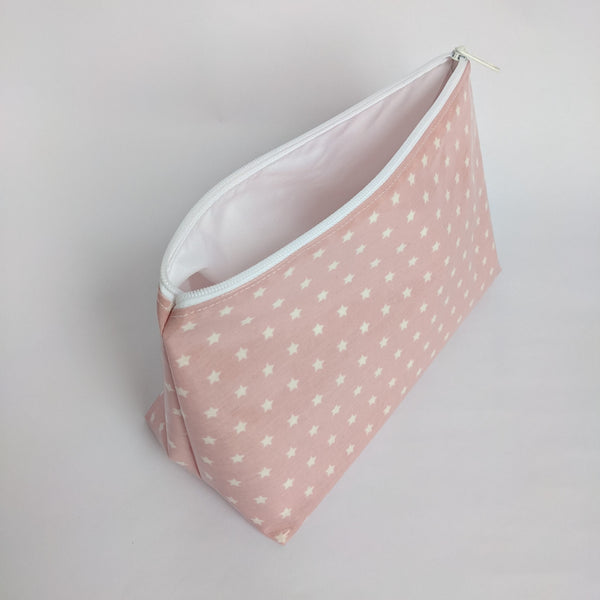 Unzipped, Medium, Lightweight Pouch in Twinkle Pink Design, Wipeable with White Lining 