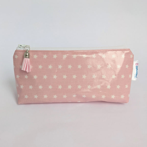 Mini, Lightweight Pouch in Twinkle Pink Design, Wipeable with White Lining and Pink Tassel