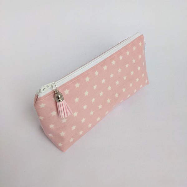 Mini, Lightweight Pouch in Twinkle Pink Design, Wipeable with White Lining and Pink Tassel