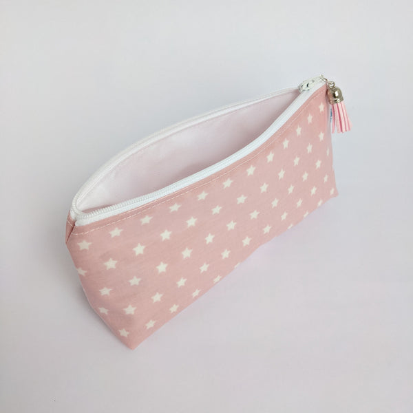 Unzipped, Mini, Lightweight Pouch in Twinkle Pink Design, Wipeable with White Lining and Pink Tassel