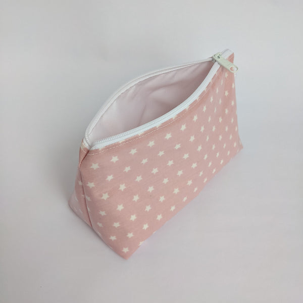 Unzipped, Small, Lightweight Pouch in Twinkle Pink Design, Wipeable with White Lining