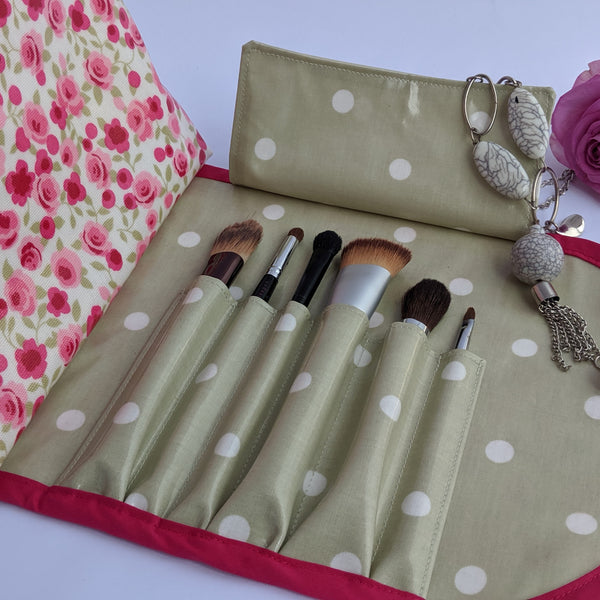 Close up of Brush Compartments in Oilcloth Cosmetic Bag With Fold Over Brush Roll