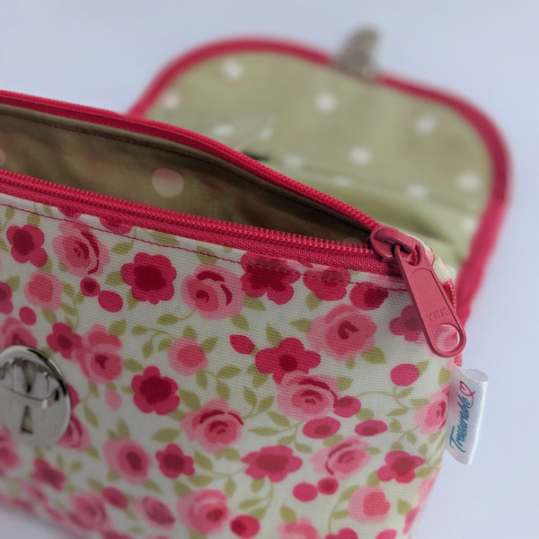 Close up of YKK Zip on Oilcloth Cosmetic Bag With Fold Over Brush Roll