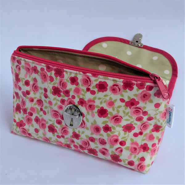 Unzipped, Oilcloth Cosmetic Bag With Fold Over Brush Roll with Sage Spotty Lining