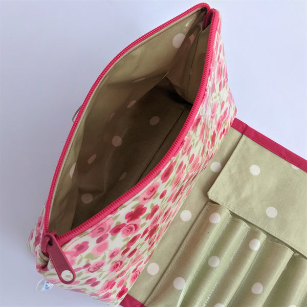 Unzipped, Oilcloth Cosmetic Bag With Fold Over Brush Roll with Sage Spotty Lining