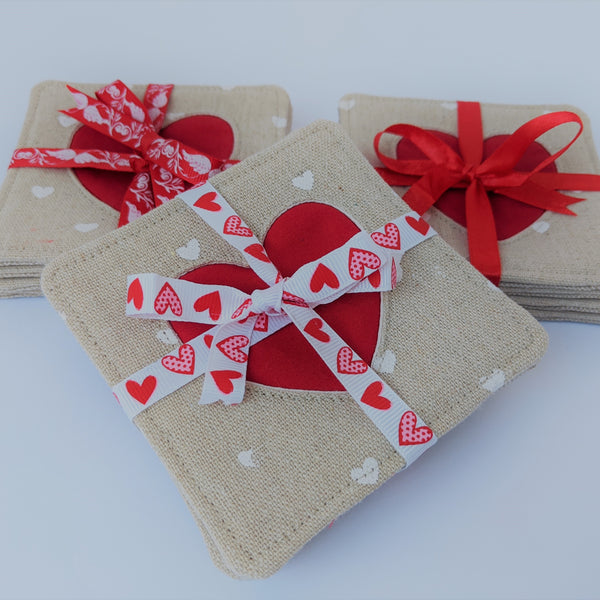 Set of 4 fabric heart coasters beautifully tied together with ribbon